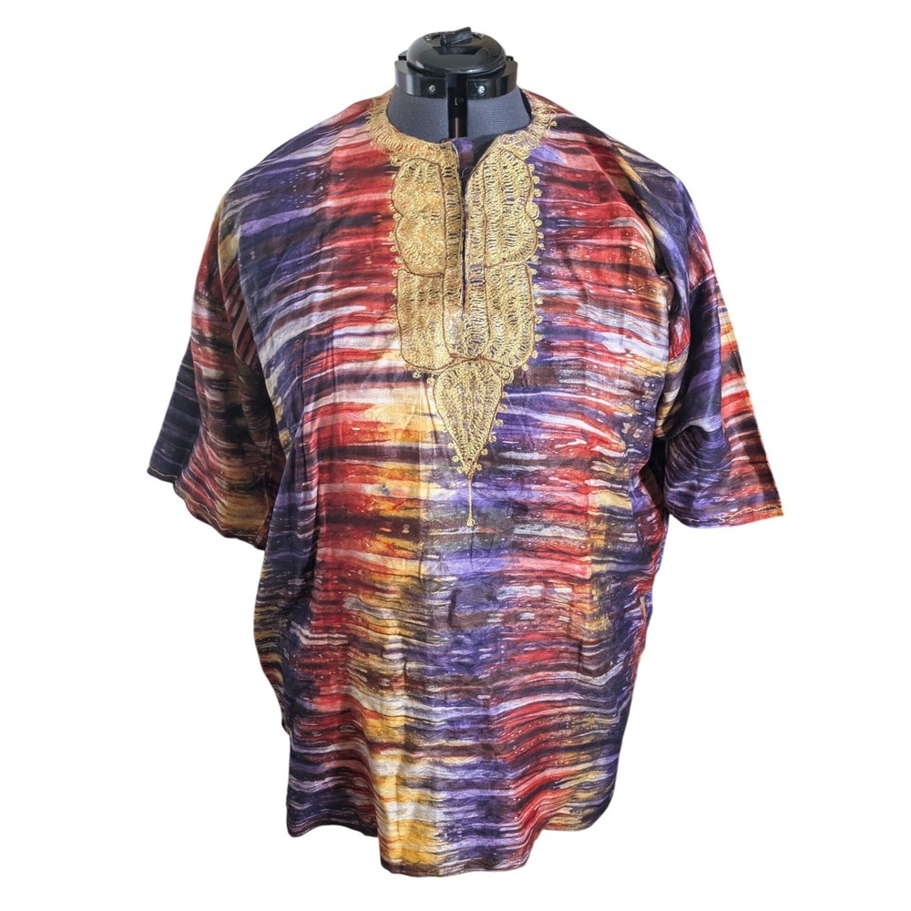 Boho Festival Tie-Dye Tunic 2X Gold Embroidered
